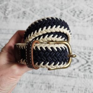 J Crew Woven Stretch Belt Navy & Cream Leather Trim Brass Buckle